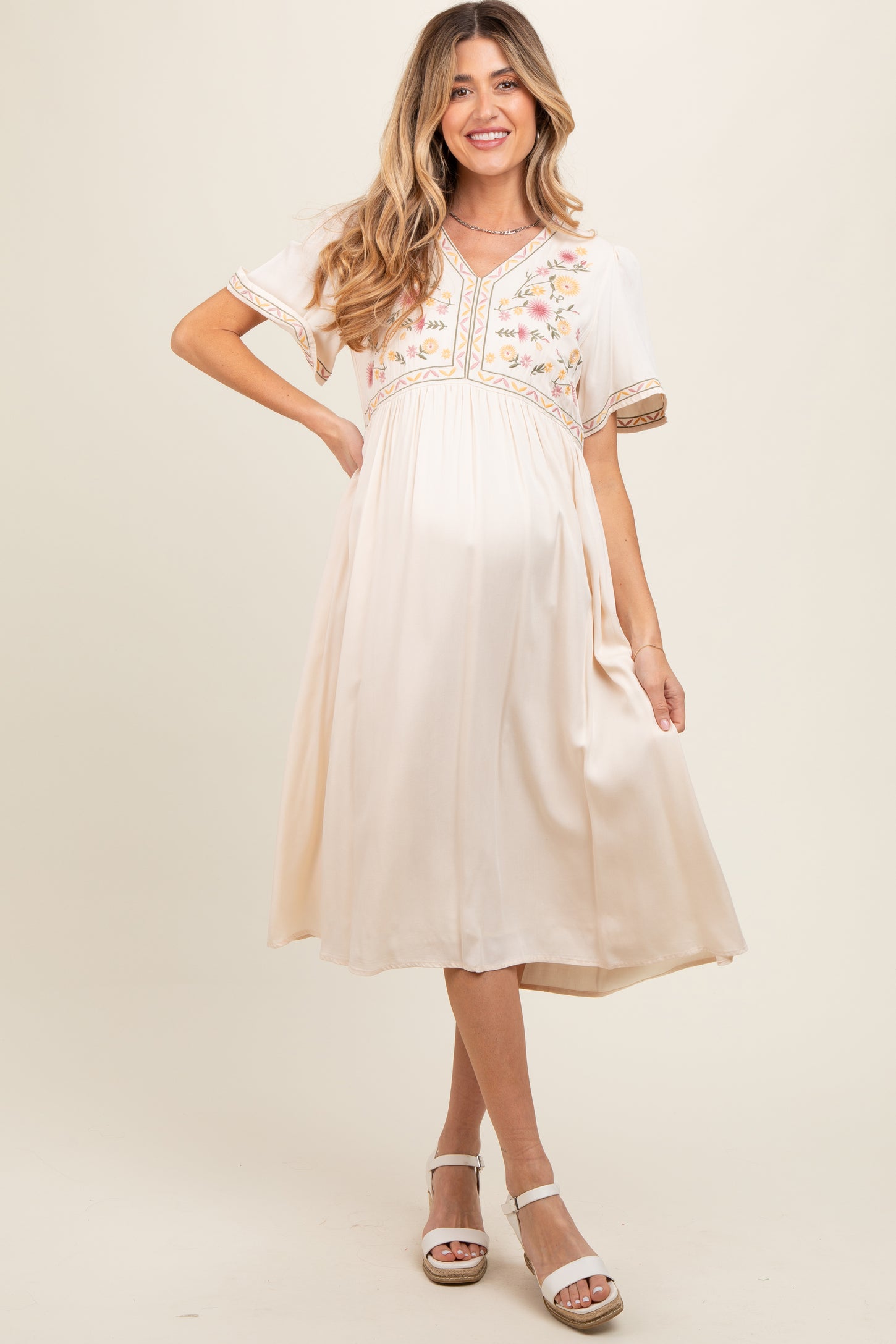 knee length dresses for ladies linen summer dress, cream dress short sleeves 1742 – Xiaolizi main image 1