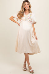Cream Short Sleeve V-Neck Maternity Midi Dress