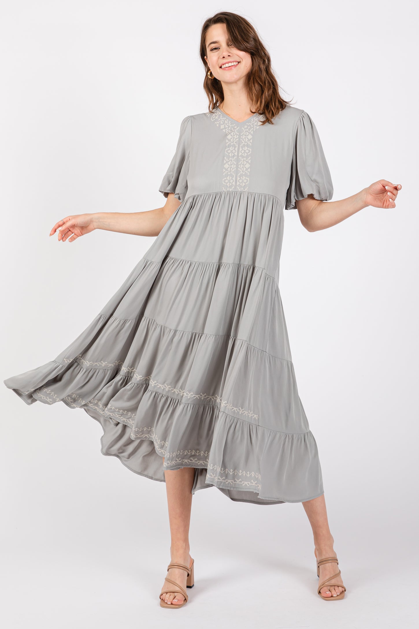 Grey Short Sleeve Tiered Maternity Dress PinkBlush Grey Short Sleeve Tiered Maternity Dress PinkBlush
