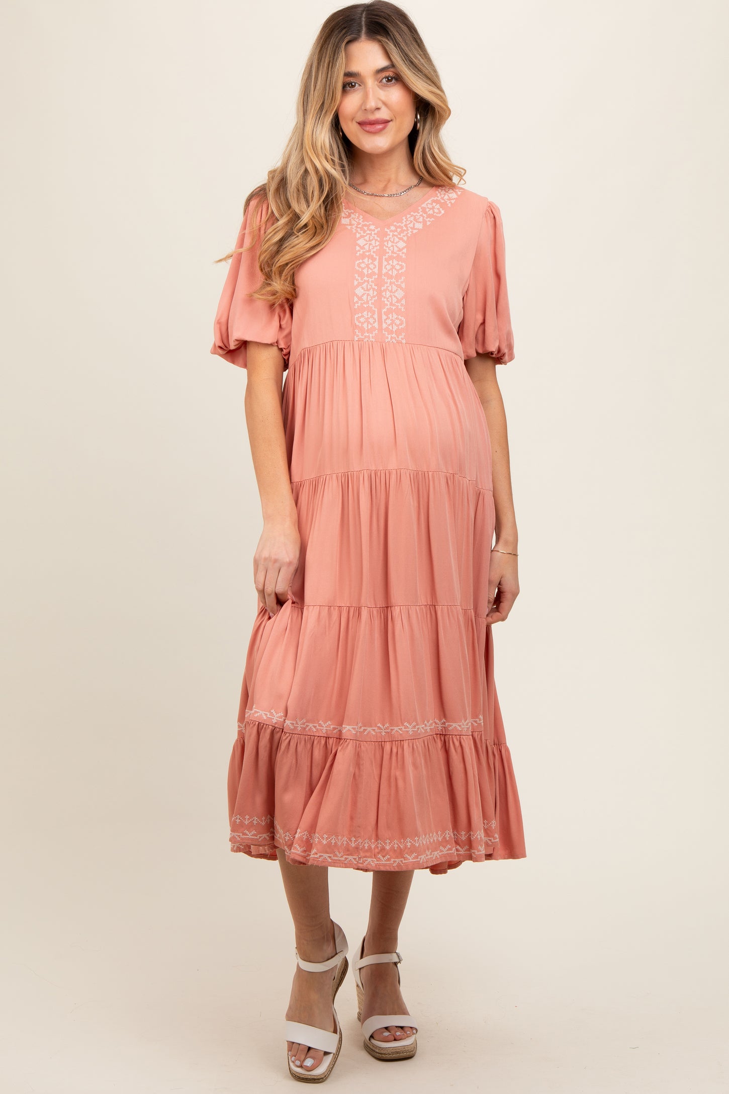 Salmon Short Sleeve Tiered Maternity Dress