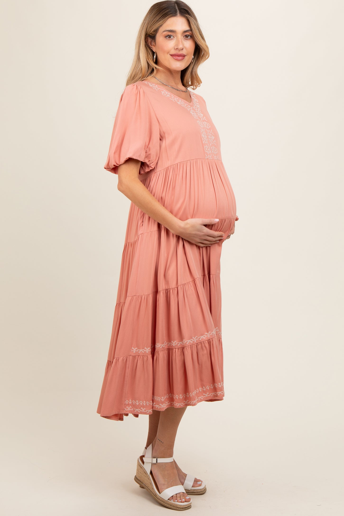 Salmon Short Sleeve Tiered Maternity Dress