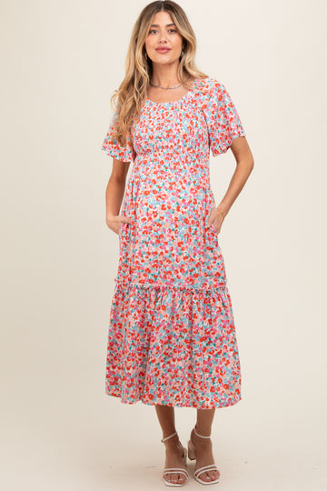 White Multicolor Floral Smocked Maternity Midi Dress