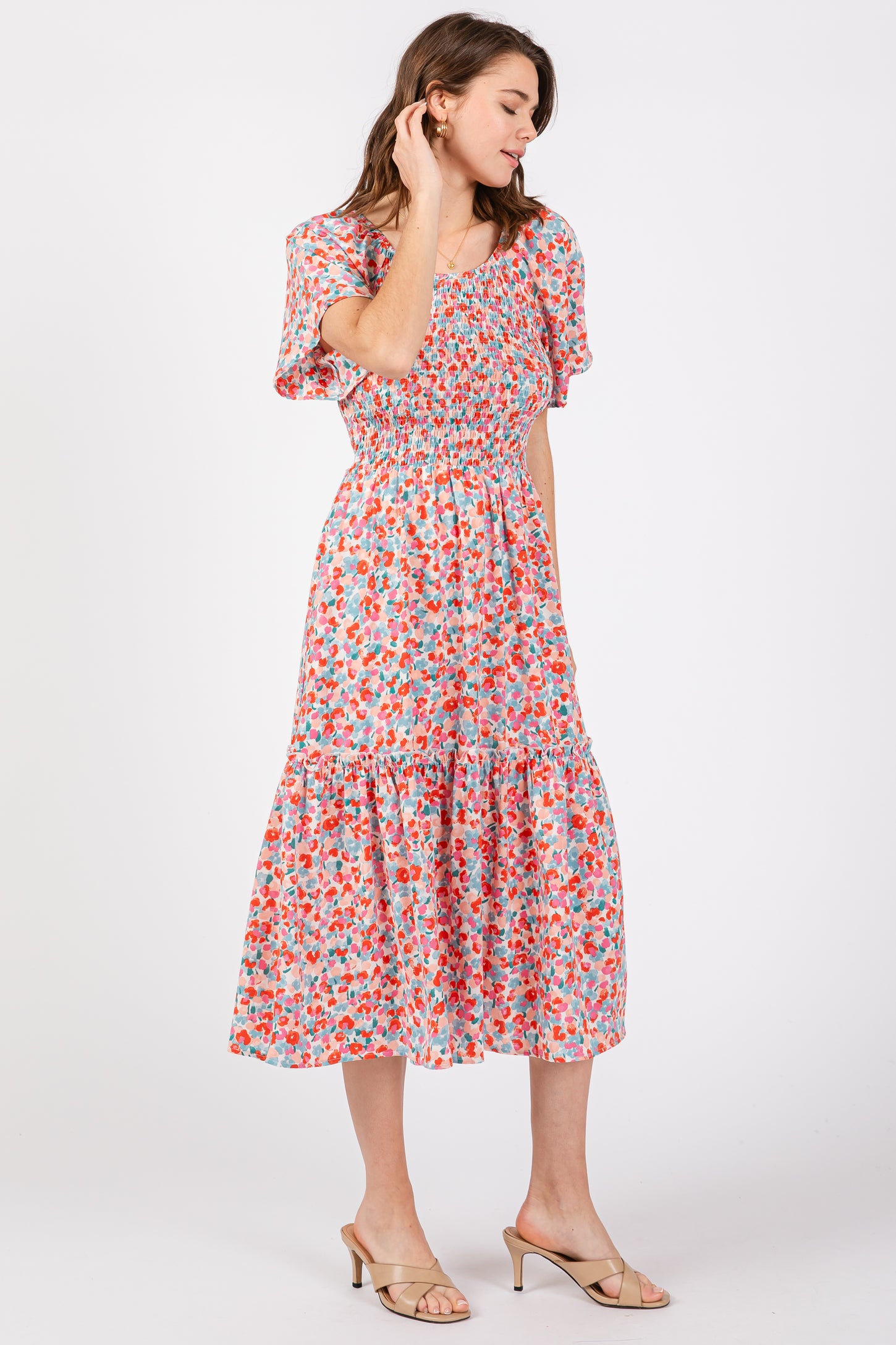 White Multicolor Floral Smocked Midi Dress