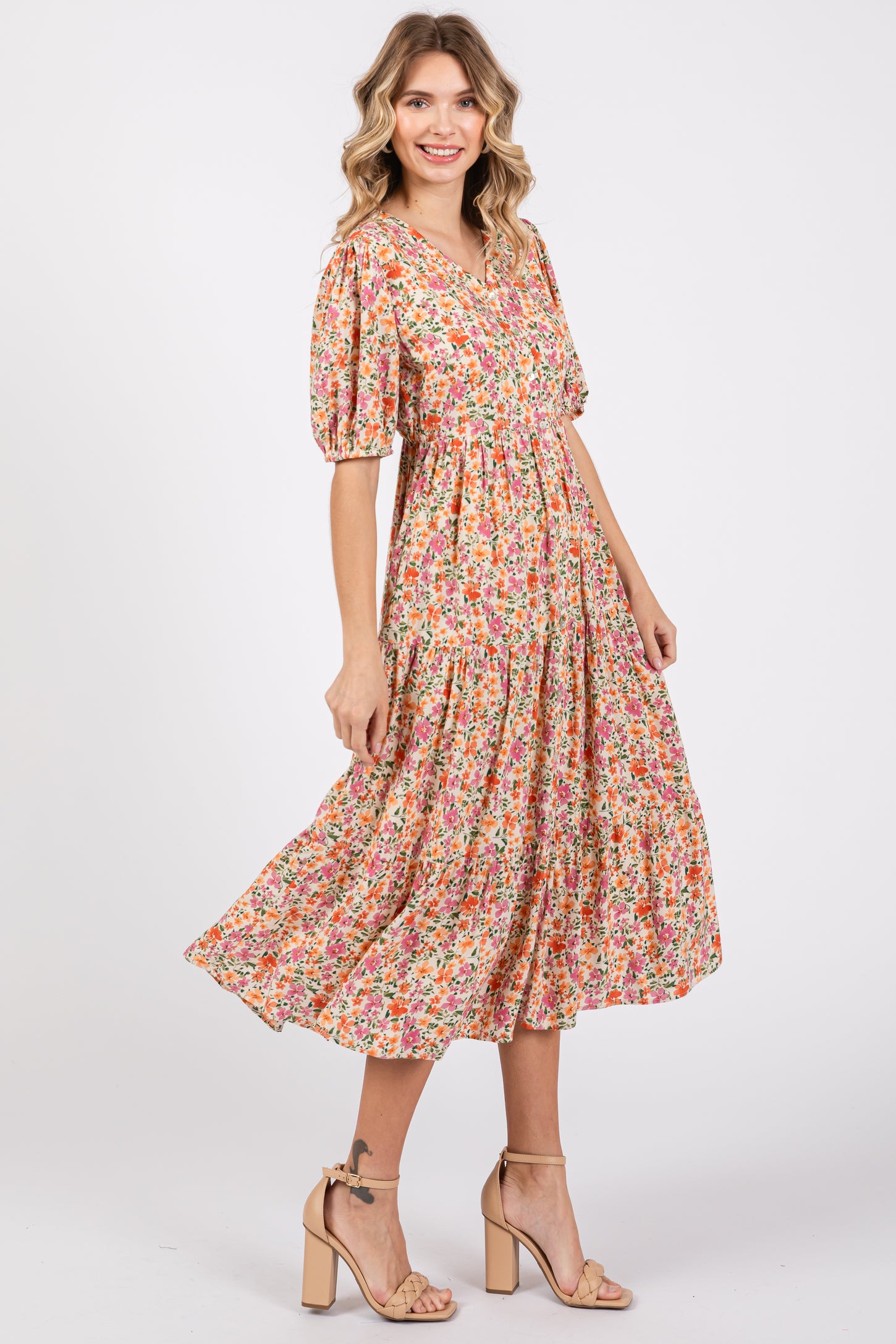 Ivory Floral Button Front Ruffle Hem Midi Dress