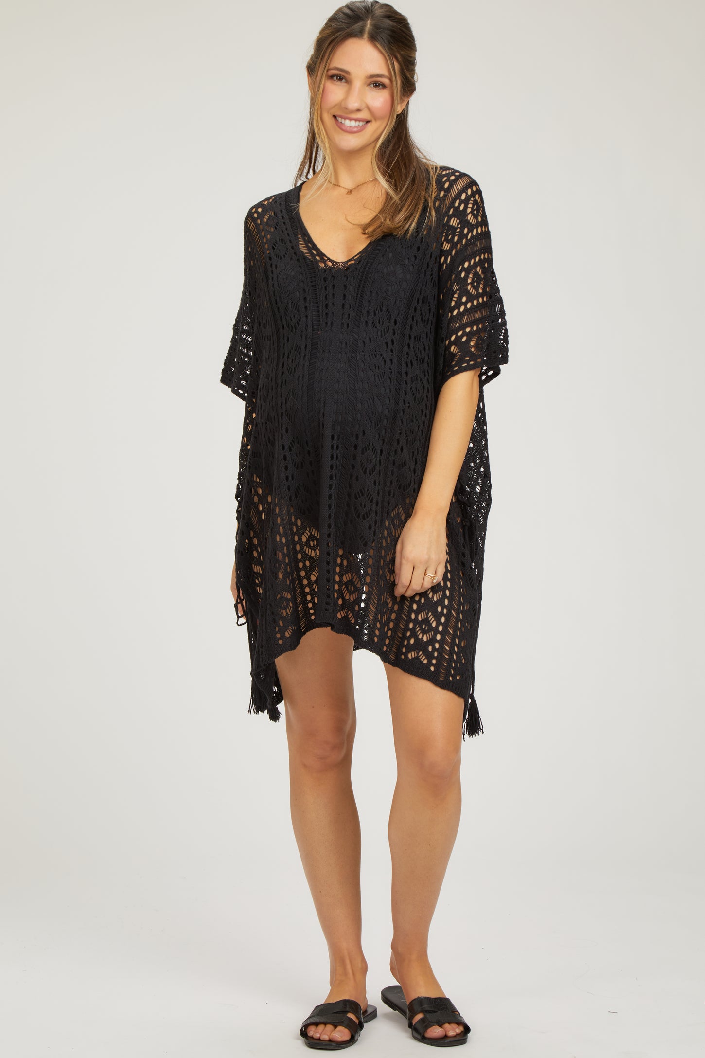black dress swimsuit cover up Black Textured Macrame Cut-out Ring Detail Dress Swimsuit Cover-up Large main image 0