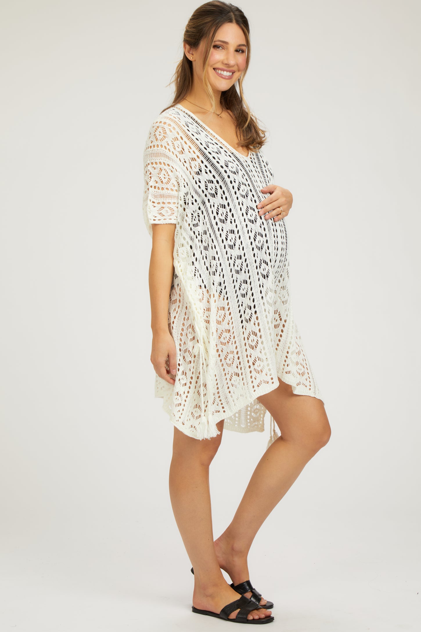 White Crochet Knit Maternity Swim Cover Up PinkBlush White Crochet Knit Maternity Swim Cover Up PinkBlush