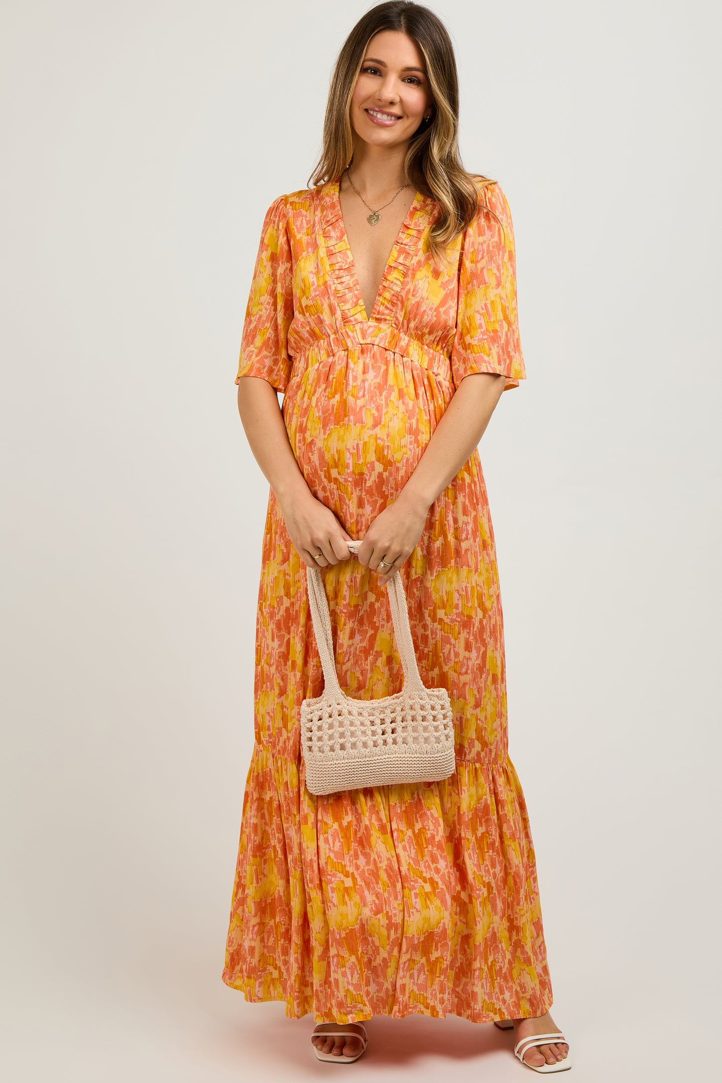 orange print maternity dress Orange Abstract Floral Cinch Bust Maternity Dress PinkBlush