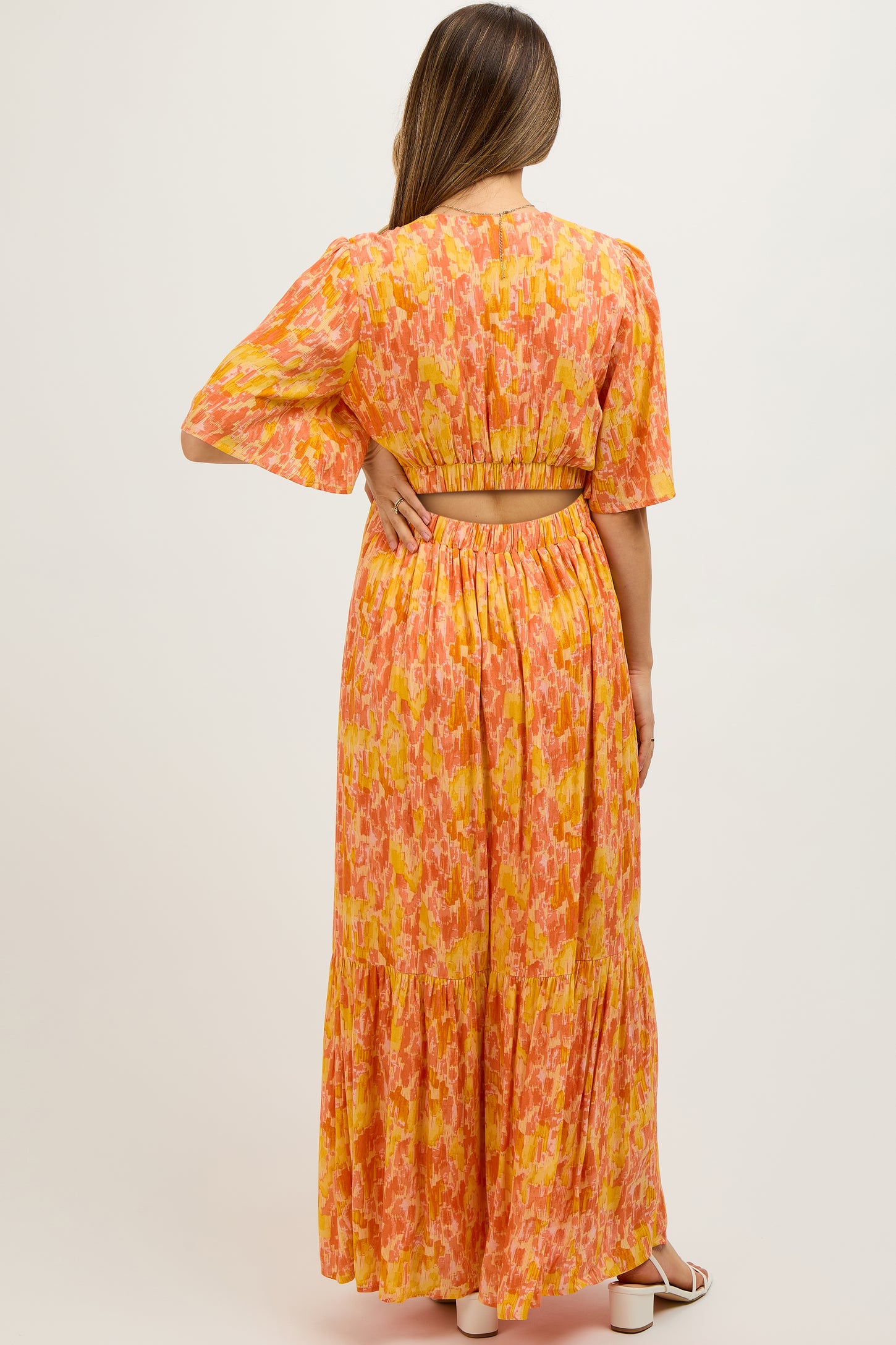 orange print maternity dress Orange Print Back Cutout Maternity Maxi Dress PinkBlush