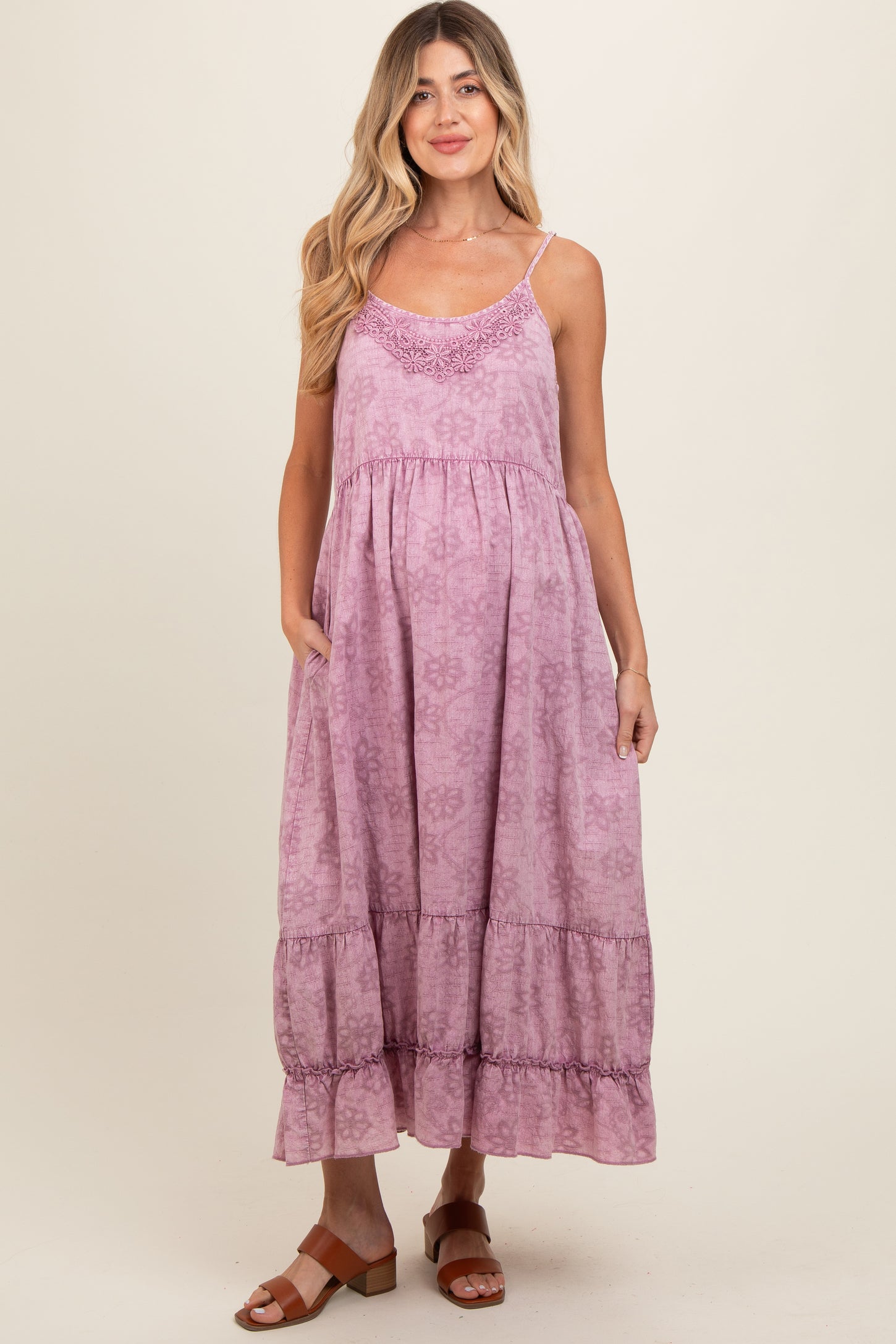 Mauve Embroidered Vintage Wash Maternity Midi Dress Mauve Embroidered Vintage Wash Maternity Midi Dress