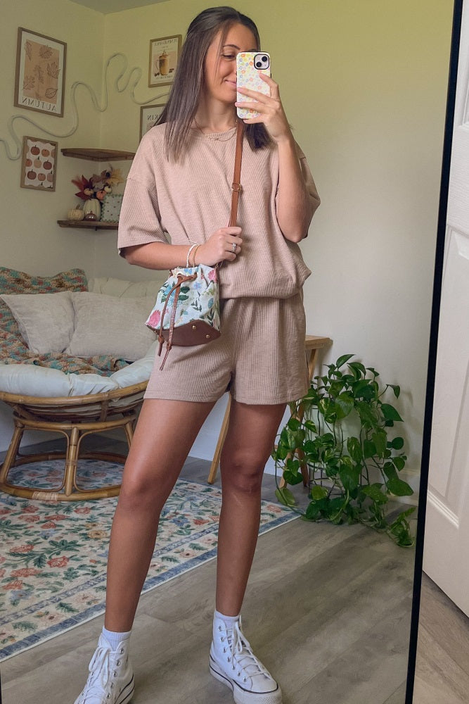 Taupe Ribbed Short Sleeve Short Set