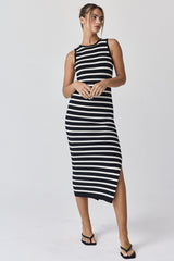 Black White Striped Knit Sleeveless Side Slit Midi Dress