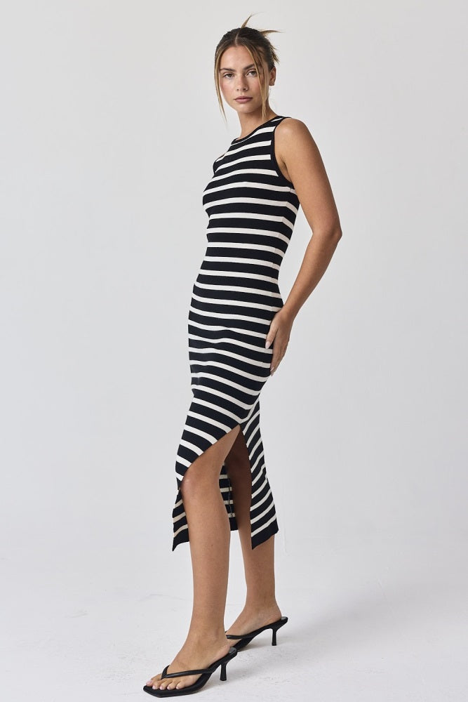 Black White Striped Knit Sleeveless Side Slit Midi Dress PinkBlush Black White Striped Knit Sleeveless Side Slit Midi Dress PinkBlush