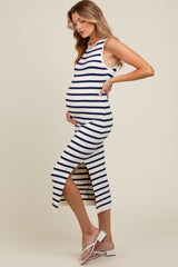 White Navy Striped Knit Sleeveless Side Slit Maternity Midi Dress