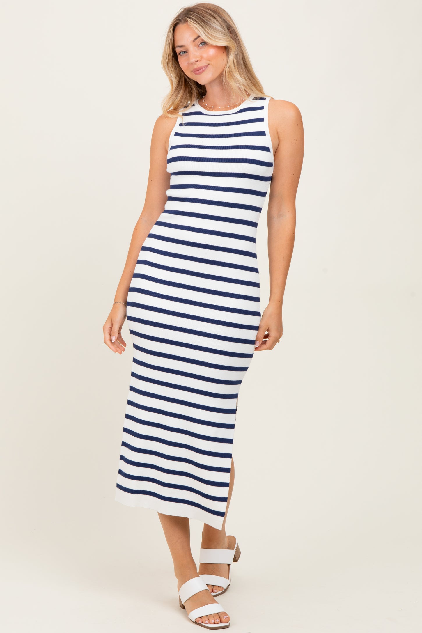White Navy Striped Knit Sleeveless Side Slit Midi Dress White Navy Striped Knit Sleeveless Side Slit Midi Dress