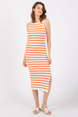 White Orange Striped Knit Sleeveless Side Slit Midi Dress