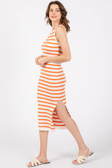 White Orange Striped Knit Sleeveless Side Slit Midi Dress