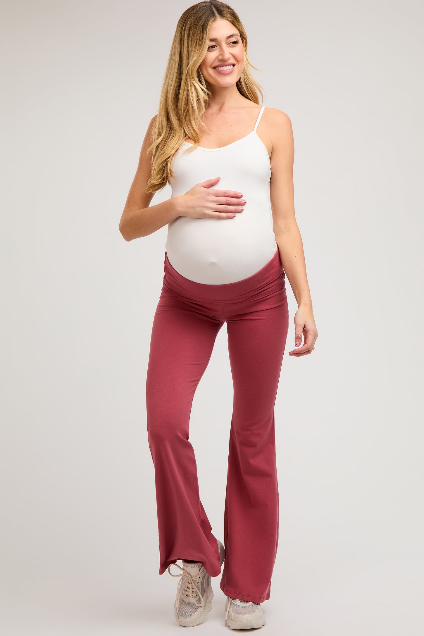 Mauve Fold-Over Waistband Flared Maternity Leggings