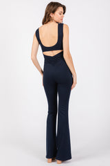 Navy Blue Open Back Ruched Sleeveless Jumpsuit