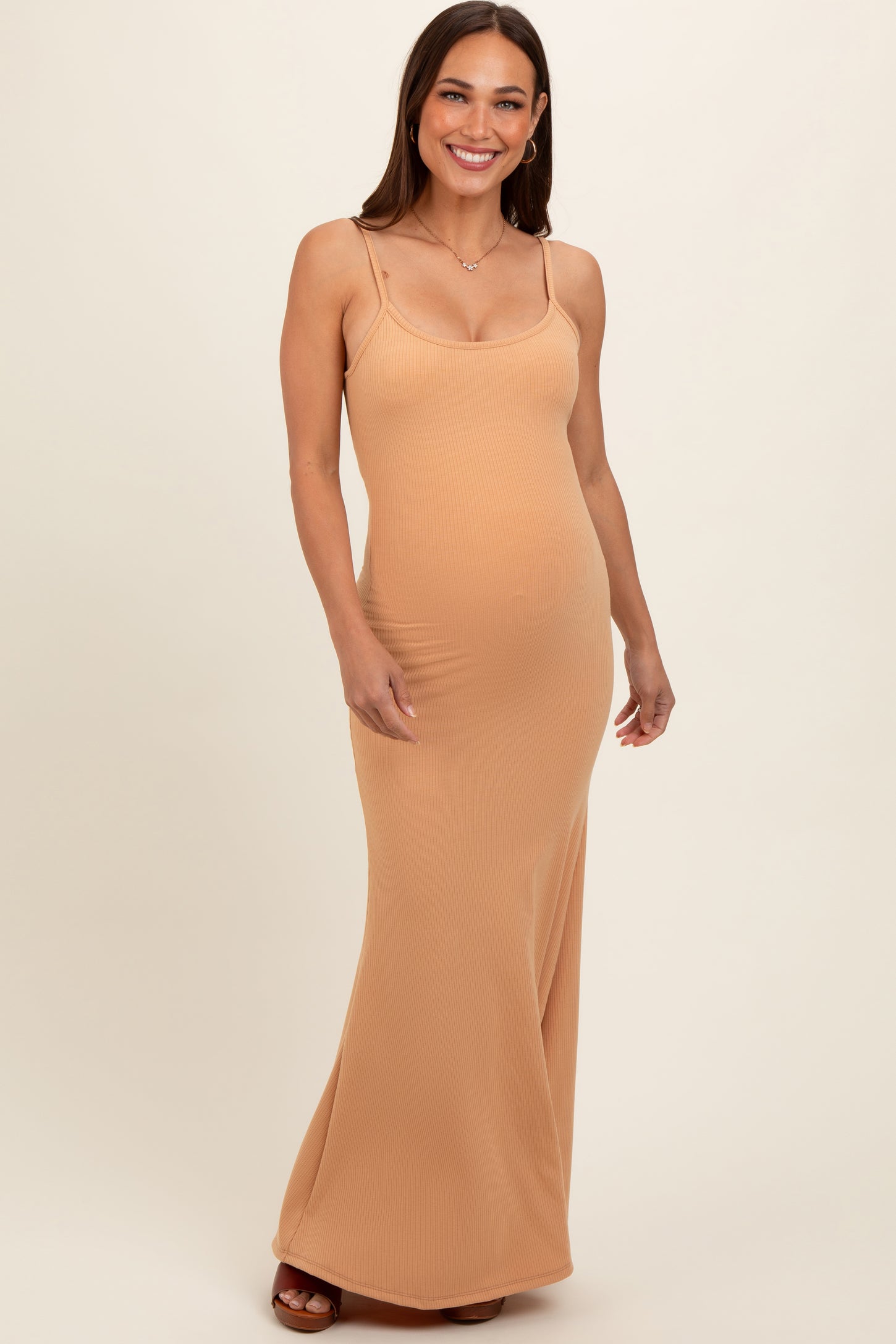 Camel Sleeveless Ribbed Maternity Maxi Dress PinkBlush Camel Sleeveless Ribbed Maternity Maxi Dress PinkBlush