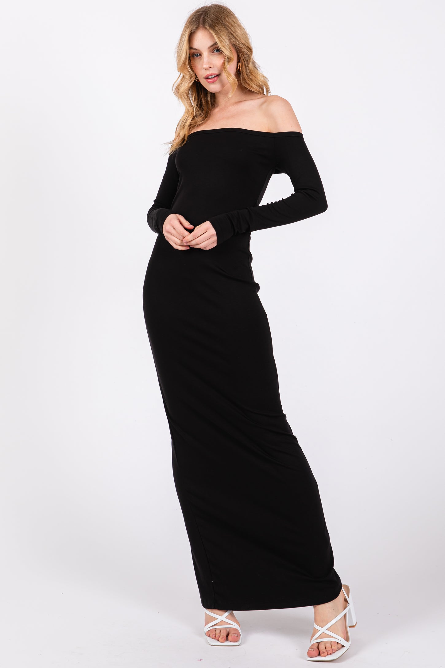 Black Off Shoulder Long Sleeve Maxi Dress – PinkBlush