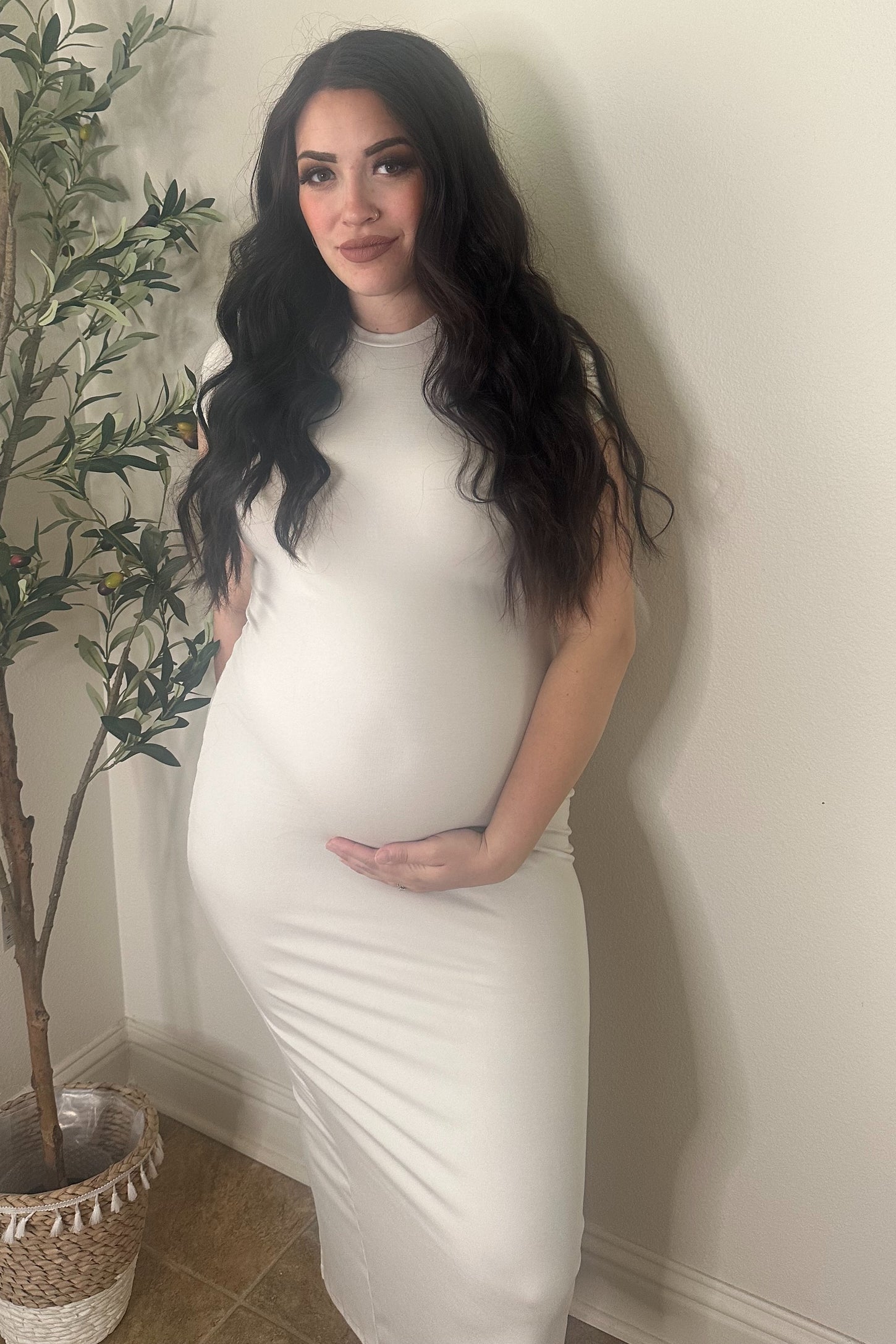 Pinkblush Cream Fitted Short Sleeve Maternity Maxi Dress Large