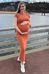Rust Fitted Short Sleeve Maternity Maxi Dress