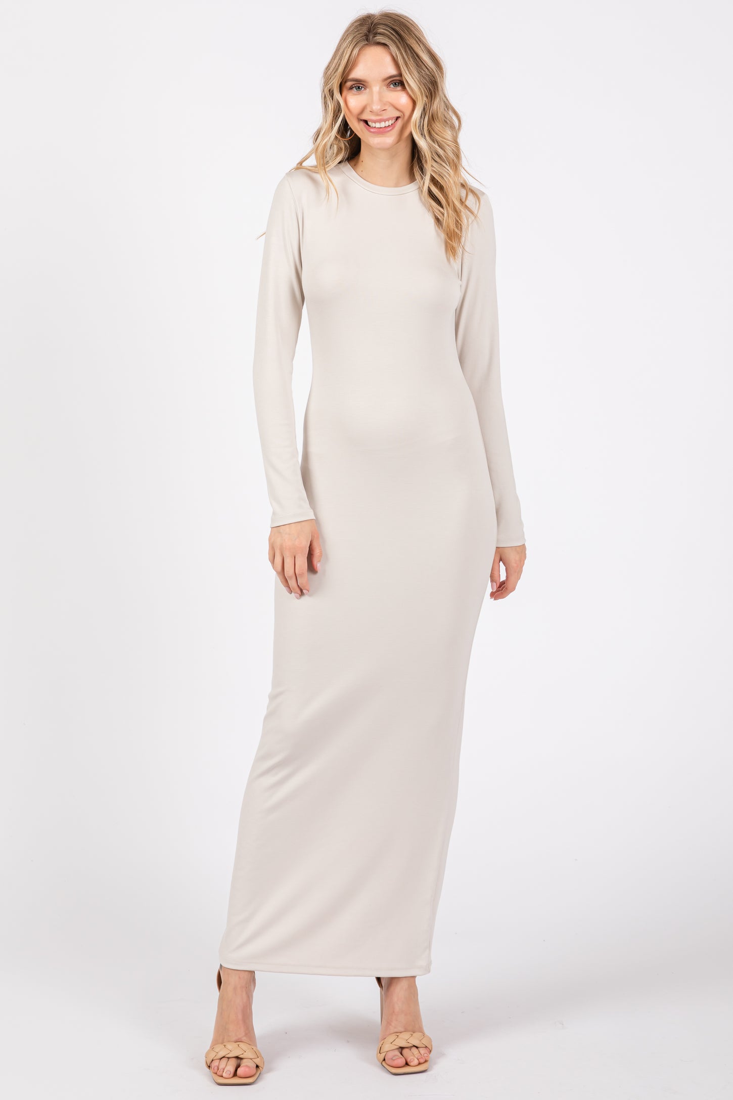 Cream Long Sleeve Fitted Maxi Dress PinkBlush Cream Long Sleeve Fitted Maxi Dress PinkBlush