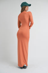 Rust Long Sleeve Fitted Maxi Dress