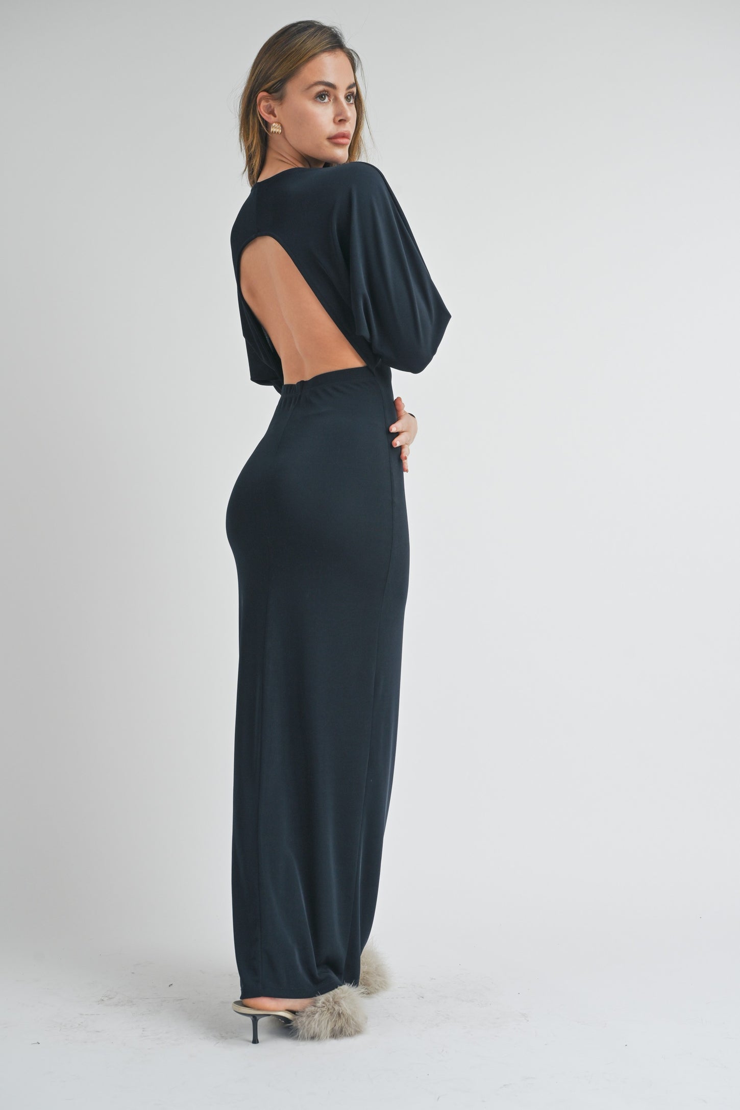 Navy Blue Long Sleeve Open Back Maxi Dress PinkBlush Navy Blue Long Sleeve Open Back Maxi Dress PinkBlush