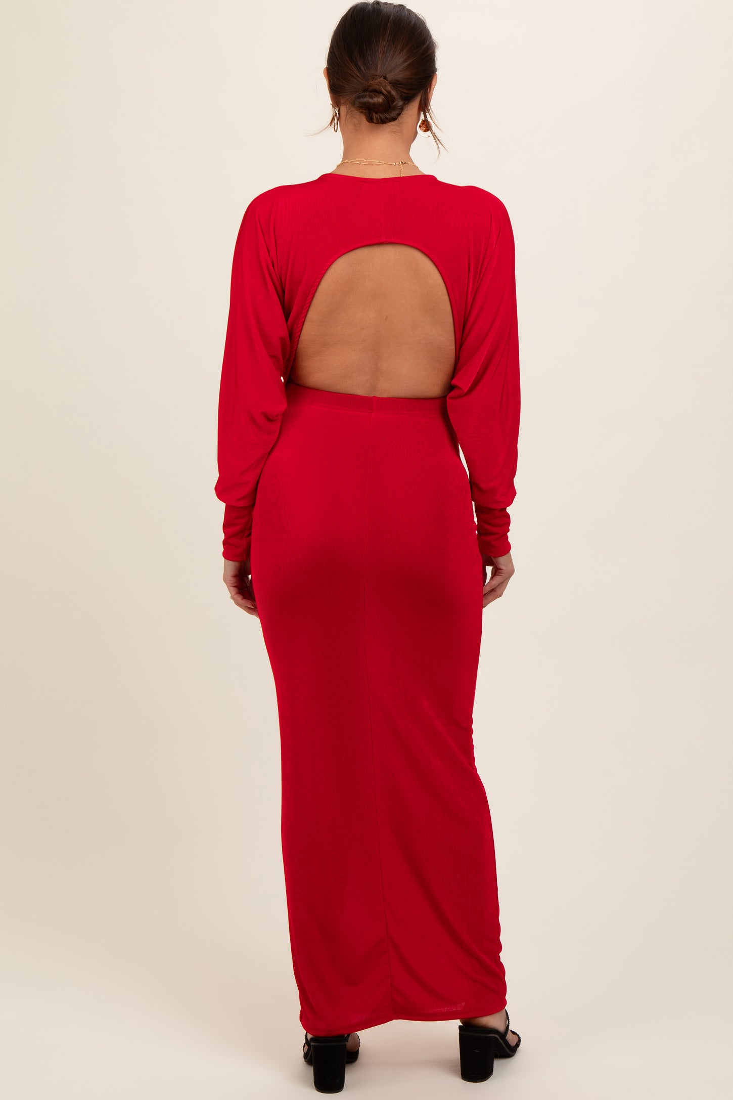 Red Long Sleeve Open Back Maternity Maxi Dress