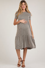 Ivory Black Striped Ribbed Tiered Maternity Dress