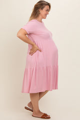 Pink Ribbed Tiered Maternity Plus Dress