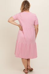 Pink Ribbed Tiered Maternity Plus Dress