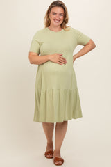 Light Olive Ribbed Tiered Maternity Plus Dress