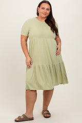 Light Olive Ribbed Tiered Plus Dress