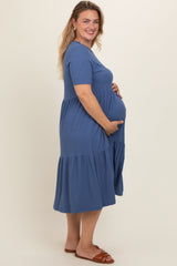Blue Ribbed Tiered Maternity Plus Dress