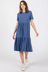 Blue Ribbed Tiered Midi Dress