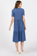 Blue Ribbed Tiered Midi Dress