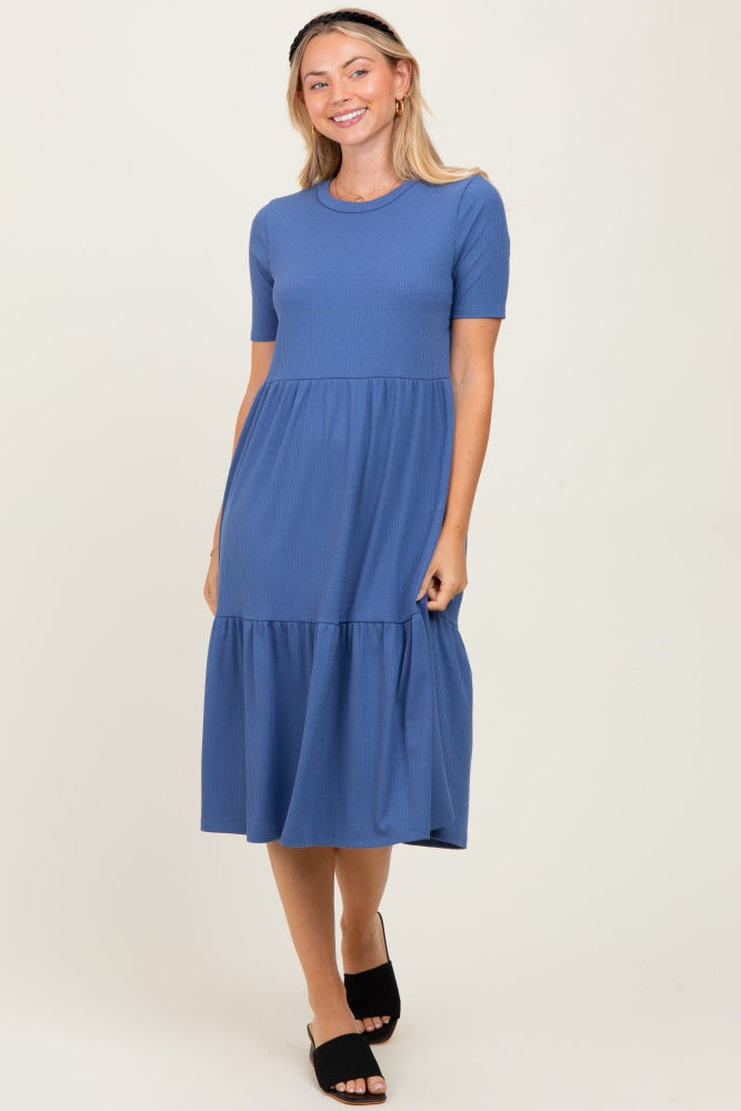 Blue Ribbed Tiered Maternity Midi Dress