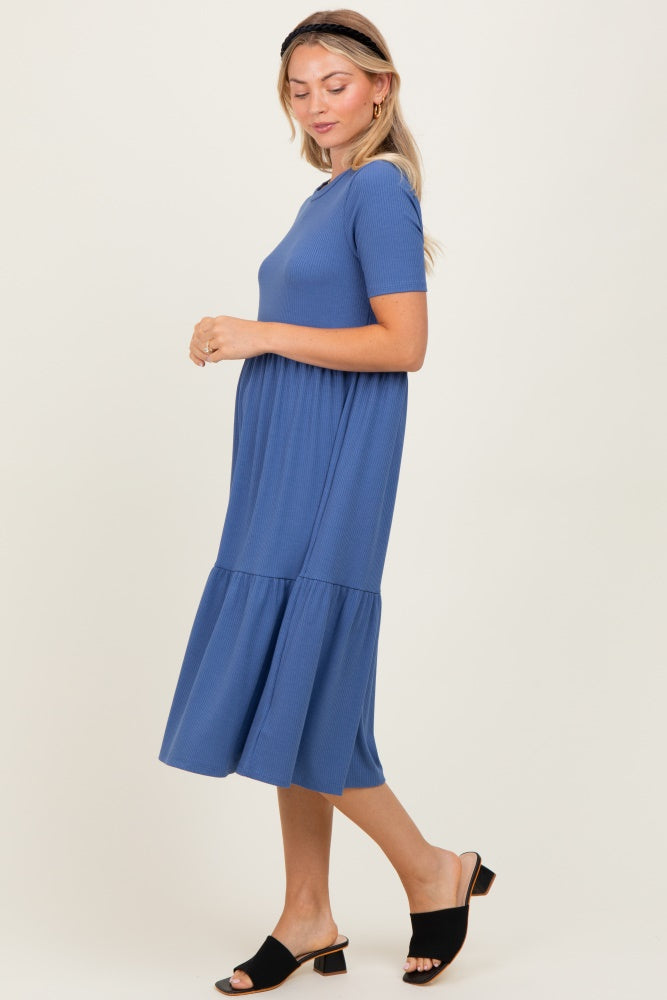 Blue Ribbed Tiered Midi Dress
