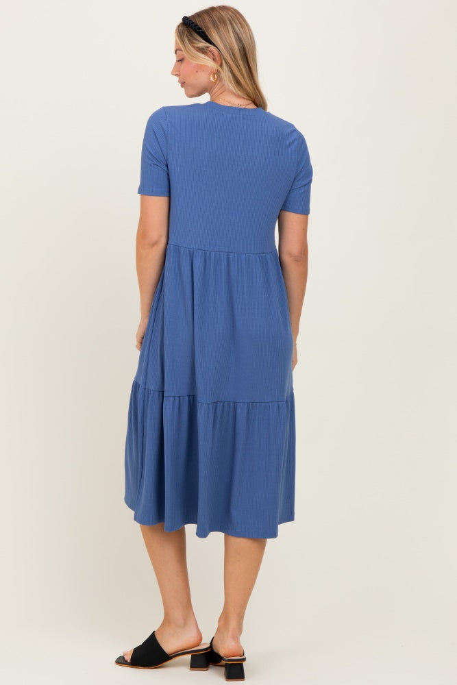 Blue Ribbed Tiered Midi Dress