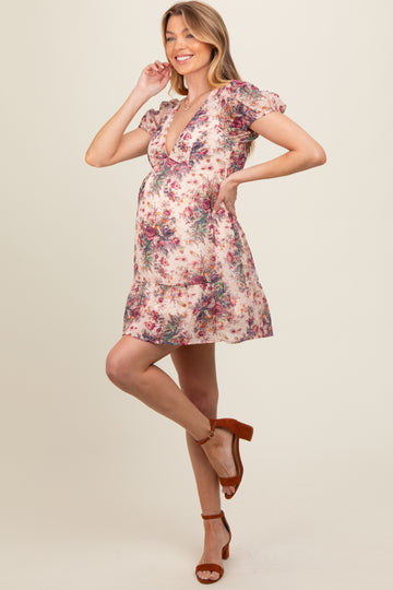 Cream Chiffon Floral Back Tie Maternity Dress