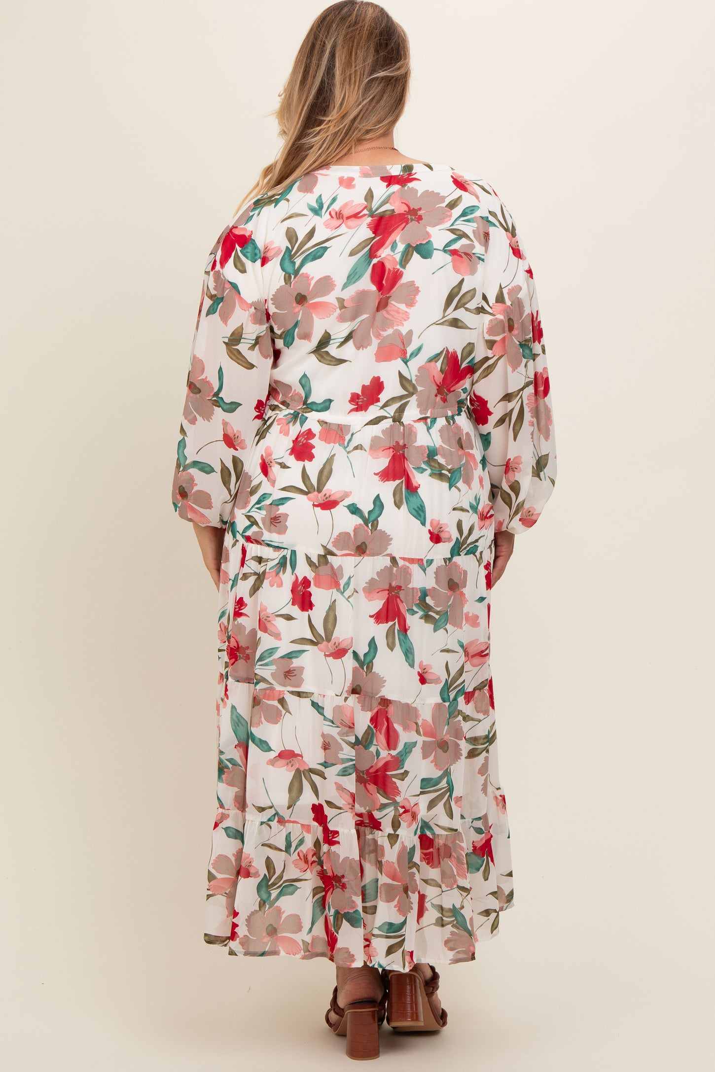 Ivory Floral Front Button Waist Tie Maternity Plus Midi Dress