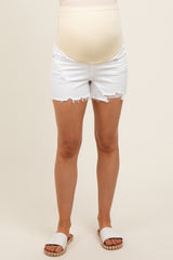 White Distressed Fringe Hem Maternity Denim Shorts