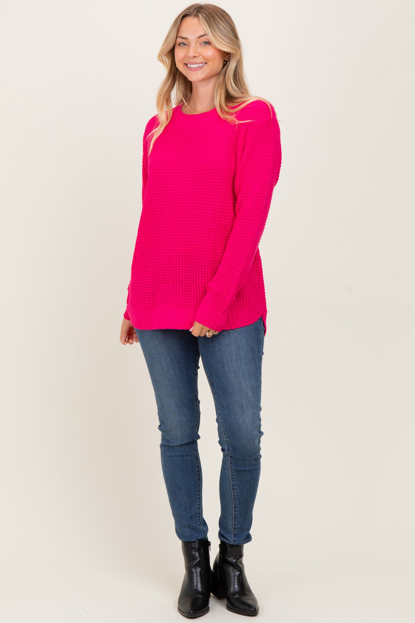 Fuchsia Waffle Knit Round Hem Sweater