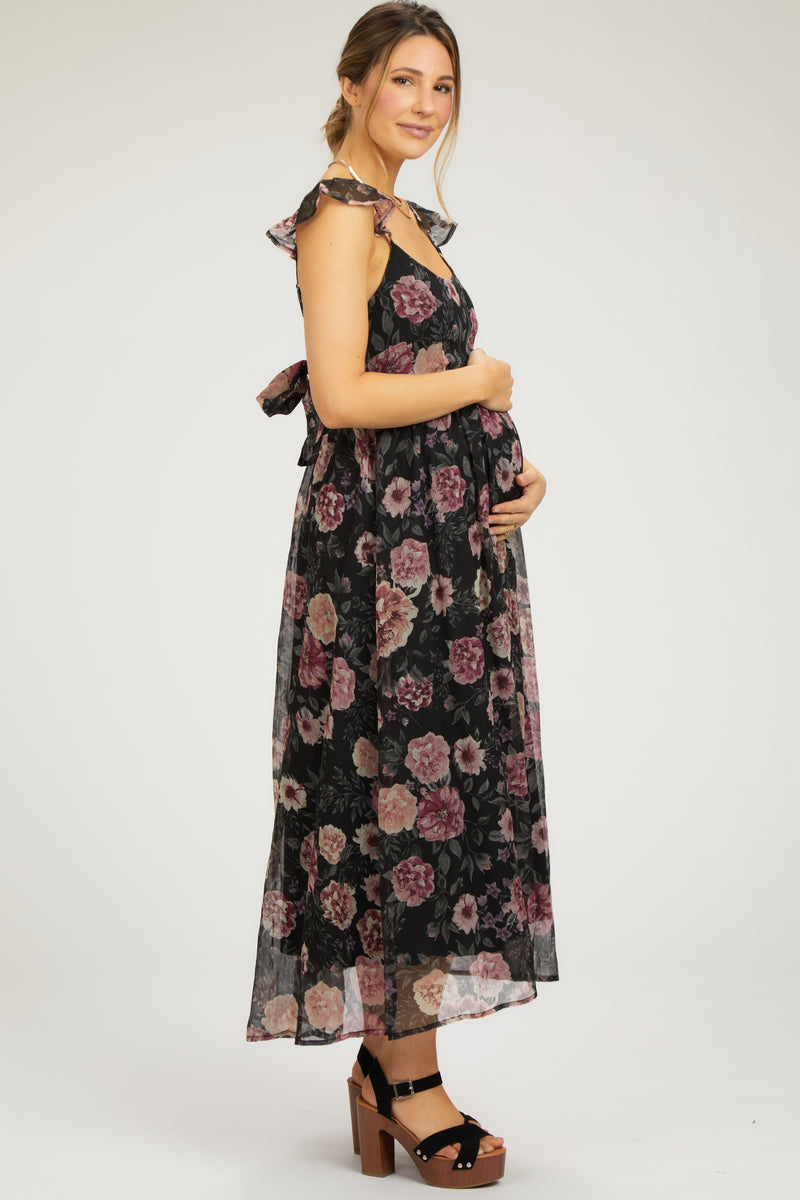 Black Floral Chiffon Back Tie Maternity Maxi Dress – PinkBlush