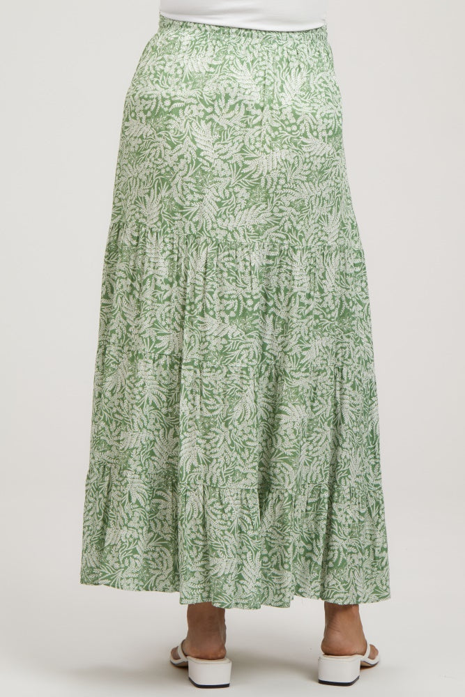 Light Olive Leaf Printed Drawstring Tiered Maternity Maxi Skirt