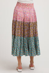 Mauve Floral Smocked Tiered A-Line Maternity Midi Skirt