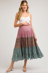 Mauve Floral Smocked Tiered A-Line Maternity Midi Skirt