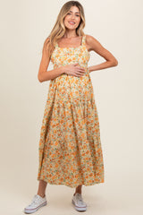 Yellow Floral Square Neck Cut Out Back Tiered Maternity Maxi Dress